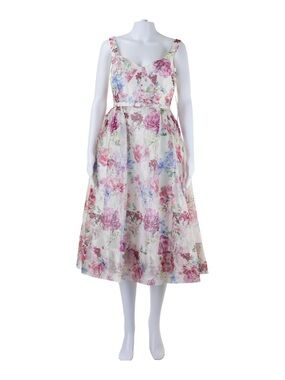 Monique Lhuillier Floral A-Line Midi Dress in White with Pink & Green Print